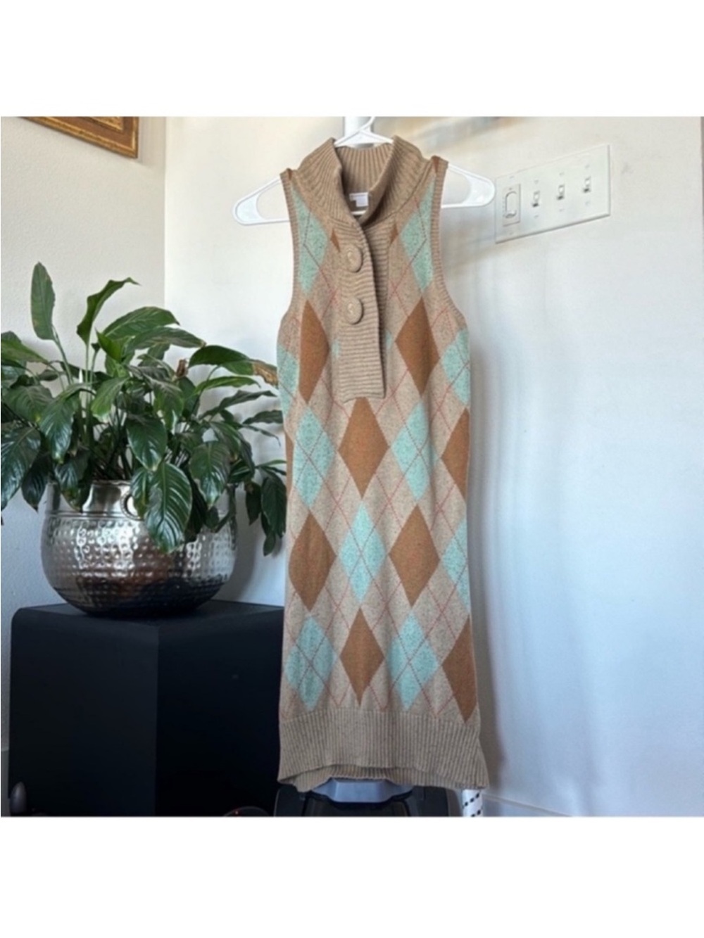 To The Max Knit Argyle Mock Sleeveless Dress Sz XS Stretchy Diamond Pattern Snap